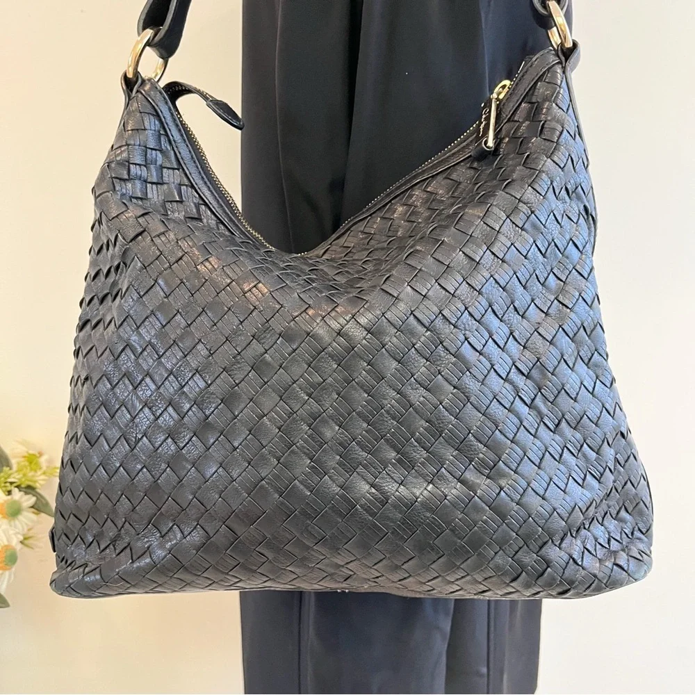 Cole Haan Avery Heritage Weave Black Leather Large Hobo with Hoof Pick Detail